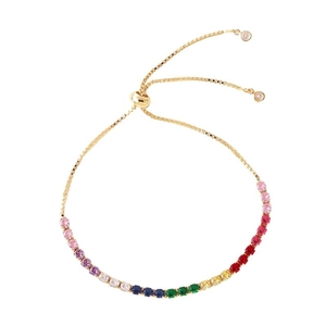Adjustable gold bolo bracelet featuring a gradient of multi-colored round cubic zirconia