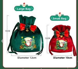Detailed comparison of red and green velvet Christmas gift bags with bells and bows