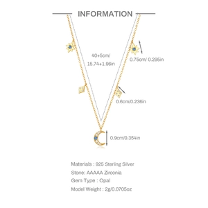 Gold s925 silver necklace with opal moon and star pendants with dimension details
