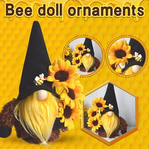 Gnomo ape decorativo con girasoli e lunga barba gialla su sfondo a tema miele
