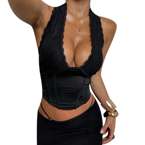 Sexy black deep V-neck lace patchwork halter corset top with satin finish for women