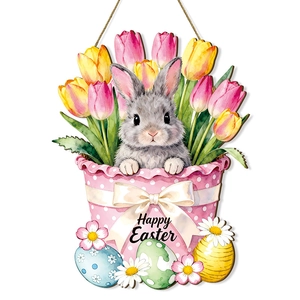 Panneau de Pâques en bois avec un lapin mignon dans un panier de fleurs et texte Happy Easter