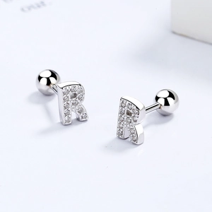 Sparkling S925 sterling silver letter R stud earrings with cubic zirconia and screw back