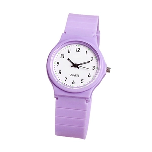 Minimalist purple quartz watch with white round dial and flexible silicone strap for students