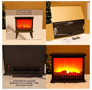 Detail of LED flame fireplace lamp with dual USB or battery power and packaging box