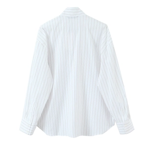 Classic pinstriped long sleeve shirt with tie-neck collar for women business casual wear