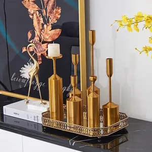 Set de 6 candelabros nórdicos de metal dorado con bandeja de espejo para decoración
