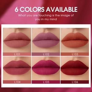 Matte velvet lip glaze set featuring 6 shades from soft nude to deep red tones