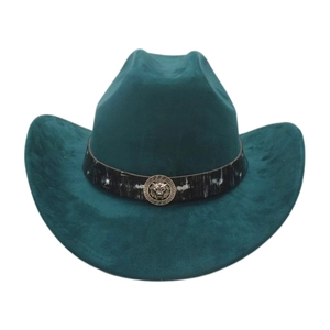 Dark green western cowboy hat with a gold lion head emblem and a classic wide brim