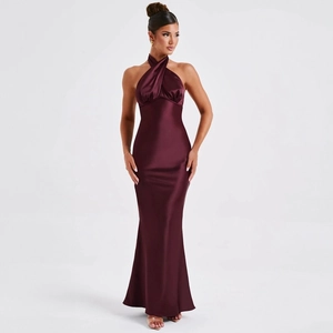 Halter Maxi Dress Satin Backless Evening Gown Slim Fit Fish Tail Bow Elegant Formal Women Party Summer Prom Occasion