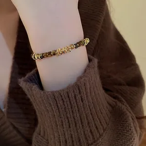 Retro Beaded Bracelet With Synthetic Tiger Eye And Irregular Gold Alloy Metal Beads Adjustable For Women