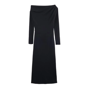 Elegant black off-the-shoulder long sleeve midi dress with slim fit silhouette
