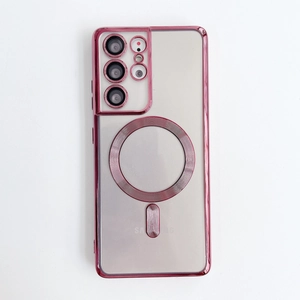 Magnetic clear case for Samsung S26 Ultra with electroplated pink frame and MagSafe ring