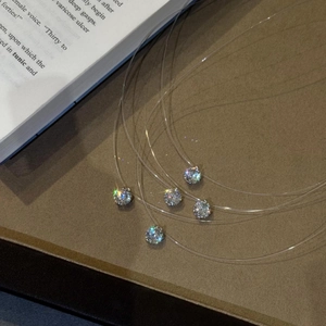 Dettaglio del ciondolo tondo in zircone su una collana con filo di nylon trasparente