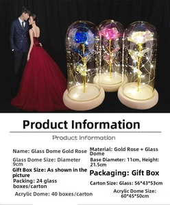 Detail view of colorful gold foil roses in glass dome with LED lights and gift box