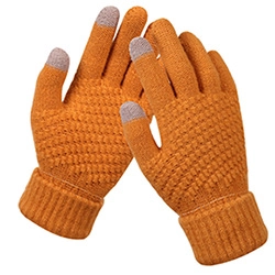 Close-up of orange thermal knit gloves featuring three-finger touchscreen tips and palm grip