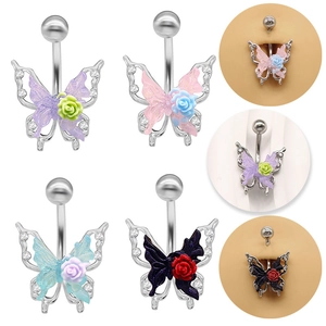 Elegant Butterfly And Rose Flower Belly Piercing Ring Rhinestone Inlaid Navel Jewelry For Women Alloy Body Piercing Accessory