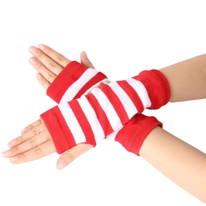 Detailed close-up of red and white striped knit arm warmers with fingerless design