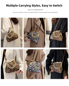 Detailed views of leopard print shell bag with thick gold chain and crossbody strap