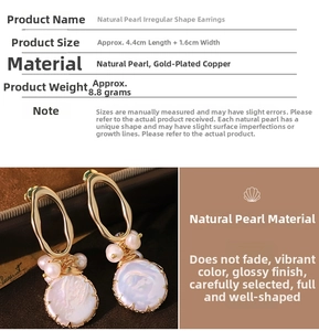 Detailed view of baroque pearl earrings with gold-plated textured metal finish