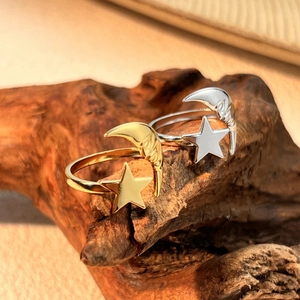 Star And Moon Open Ring Stainless Steel Adjustable Retro Boho Man In The Moon Engraved Minimalist Fashion Jewelry