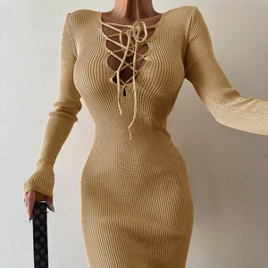 Detailed knit texture and hollow lace-up front design on this khaki slim-fit dress