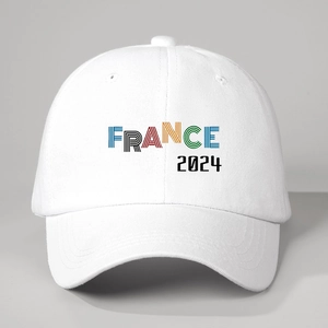 White baseball cap with colorful France 2024 printing and a curved sun visor brim