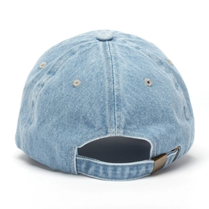 Detail of light blue denim baseball cap back with adjustable metal buckle and eyelets