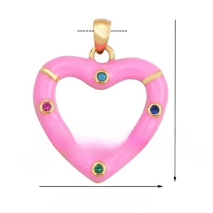 Pink heart pendant with gold plating, colorful stones and detailed dimensions