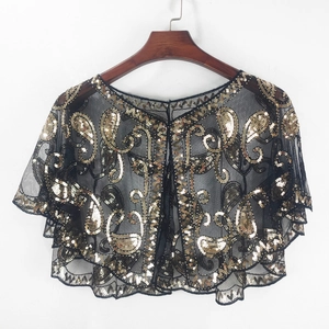 Women's black mesh shrug with gold sequins and beads in a vintage paisley pattern
