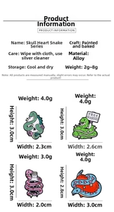 Detailed size and weight chart for cartoon snake skull enamel pins and brooches