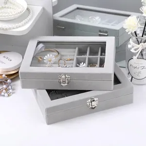 Velvet Jewelry Box Transparent Lid Dustproof Rings Earrings Necklace Storage Organizer Case Metal Lock