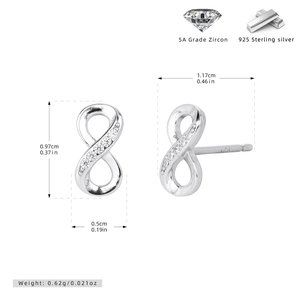 Detailed dimensions of S925 sterling silver infinity earrings with cubic zirconia