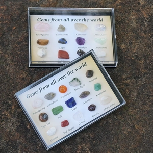 Polished natural crystal and mineral stone specimen collection set in a clear display box