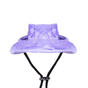 Detailed view of purple tie-dye pet sun hat with adjustable cord for dogs and cats