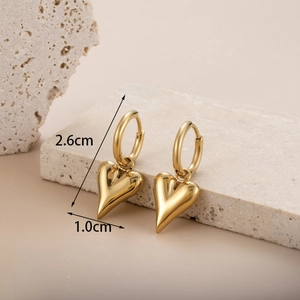 Polished gold stainless steel heart hoop earrings with 2.6cm total height measurements