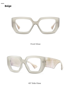 Detail view of oversized beige frame glasses with pink marble textured temples on white