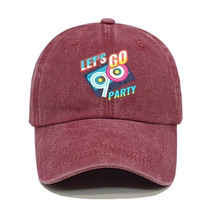 Detail of burgundy washed cotton baseball cap with retro 90s party cassette print