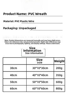 Size chart for PVC Christmas wreaths showing diameters from 30cm up to 60cm and weight specs