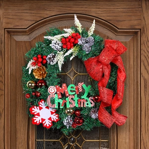 Christmas Wreath Artificial Pine Needle Red Bow Merry Christmas Letter Sign Berries Pine Cones Snowflake Home Door Decor