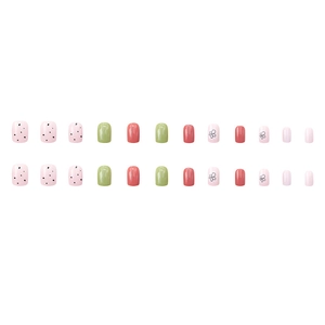 Short square press-on nails set with clover floral patterns and colorful polka dots