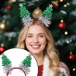 Christmas party headband with green trees and gold stars worn by a smiling model