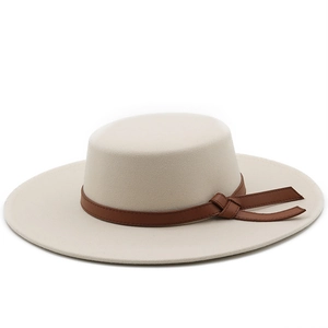 Elegant cream flat top wool felt boater hat with brown leather band and 10cm brim