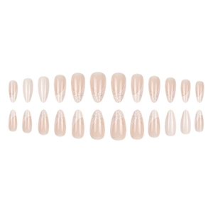 Nude pink almond press-on nails with white leaf patterns and silver glitter lines