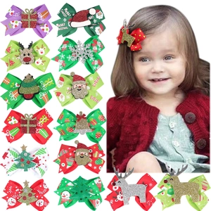 Barrettes De Noël Pour Filles Nœud En Ruban Gros-Grain Fait Main Pince Croco Paillettes Père Noël Renne Sapin Fête