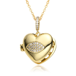 Gold plated heart locket necklace with micro-paved evil eye pendant on white background