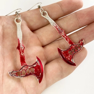 Gothic axe drop earrings with red blood splatter effect for Halloween party costume
