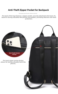 Close-up of the anti-theft hidden back pocket on black quilted oxford backpack