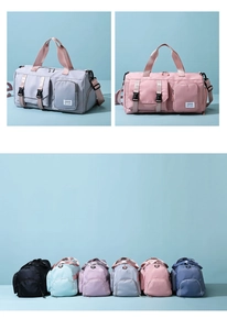 Detail view of multi-color travel gym bags showing durable fabric and various color options
