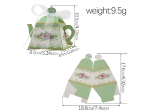Detailed size specifications for a floral teapot-shaped paper candy favor box